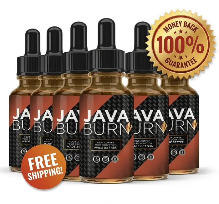 Java Burn Liquid 6-bottle bundle with free shipping and money-back guarantee badges.